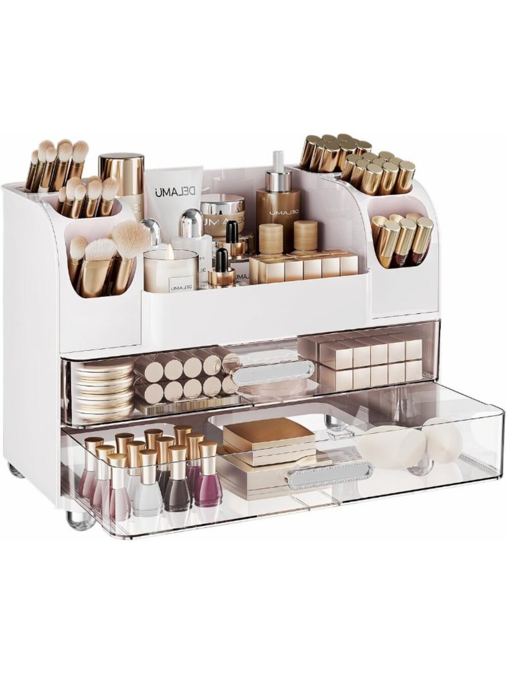 Delamu Large Makeup Organizer Countertop with 6 Brush Holders, White